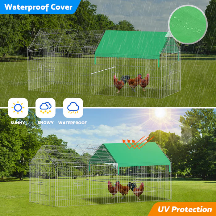 Chicken coop with green waterproof cover in a grassy area, showing UV protection and weather resistance.