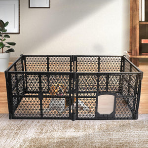 A black plastic pet playpen with a diamond-mesh design and a small door, set up on a beige rug in a home interior with a dog visible inside at Pet Servo