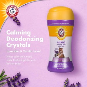 Arm & Hammer calming deodorizing crystals for cats on a purple background with lavender flowers at Pet Servo