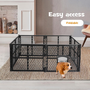 A foldable black plastic pet playpen with a mesh design, shown in a living room setting with a corgi dog standing inside. White text overlays read 'Easy access' and 'Foldable' at Pet Servo