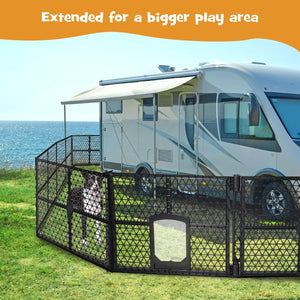 A black mesh pet playpen enclosure with a dog door is set on grass beside an RV near the ocean. White text at the top reads 'Extended for a bigger play area at Pet Servo