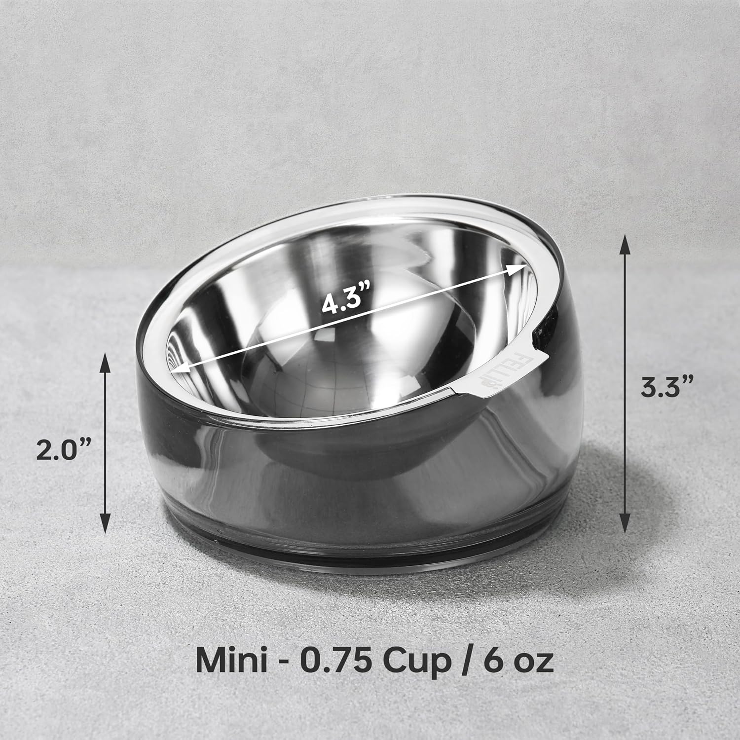 Stainless steel bowl with dimensions on a gray background at Pet Servo