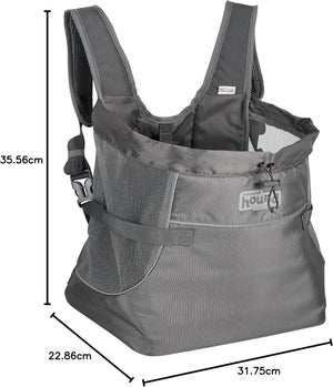 Gray pet carrier with dimensions marked on a white background at Pet Servo