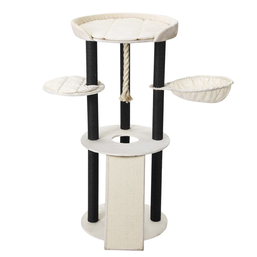 Cat tree with multiple levels, a scratching post, and a rope on a white background at Pet Servo