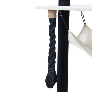 Black rope tied to a white bar with a beige knot on a white background at Pet Servo