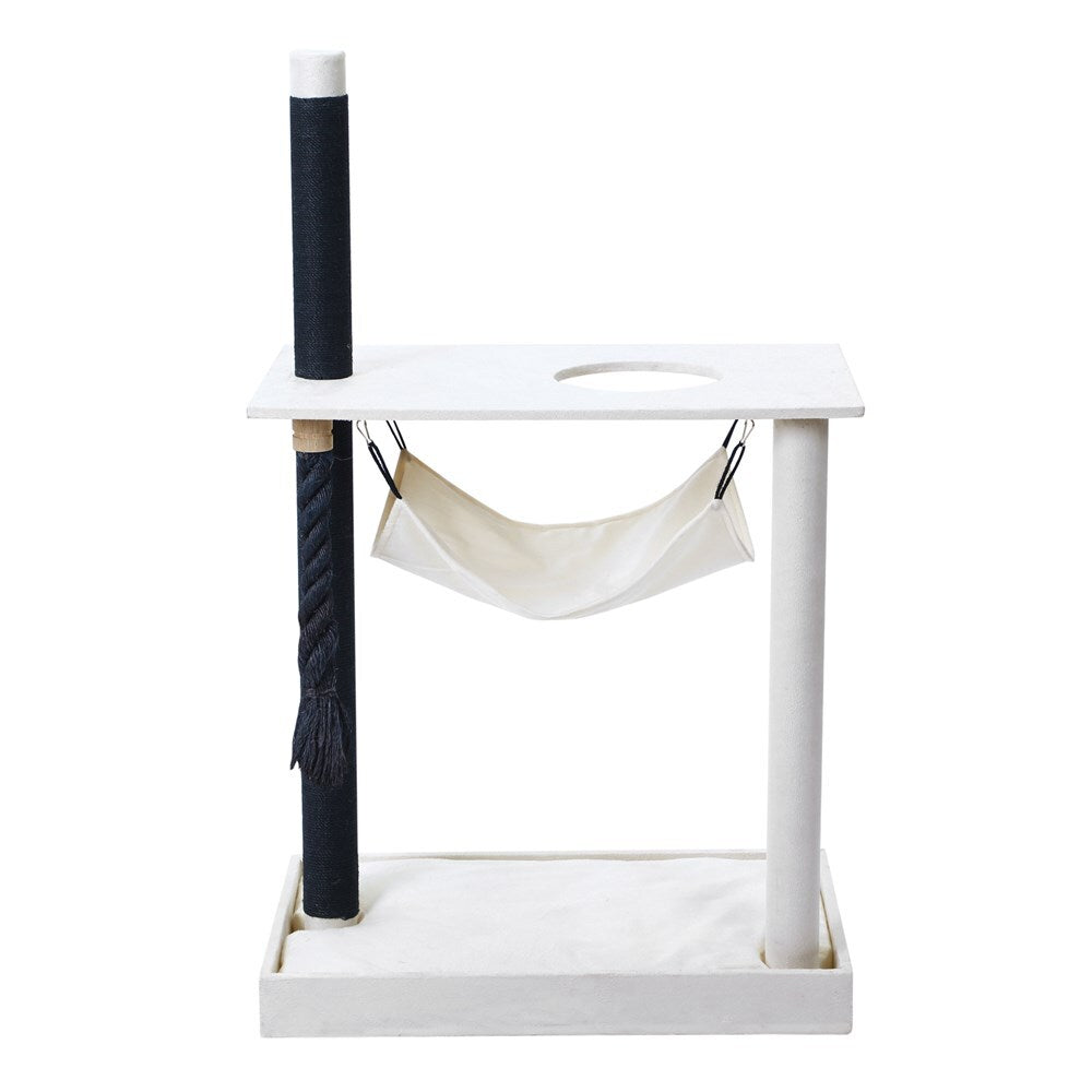 White cat tree with a hammock and scratching post on a white background at Pet Servo