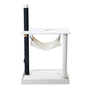 White cat tree with a hammock and scratching post on a white background at Pet Servo
