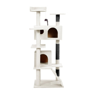 White cat tree with multiple levels and a scratching post on a white background at Pet Servo