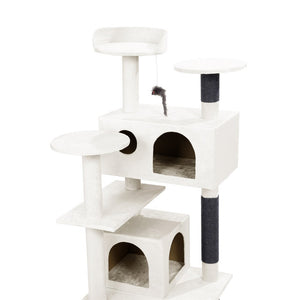 White cat tree with multiple levels and a scratching post on a white background at Pet Servo