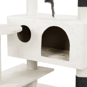 Cat tree with multiple levels and a cylindrical post, featuring a cat climbing on one of the platforms at Pet Servo