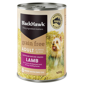 Can of Black Hawk grain-free adult dog food with a lamb flavor on a white background