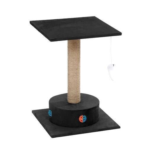 Cat tree with a black platform and scratching post on a white background at Pet Servo