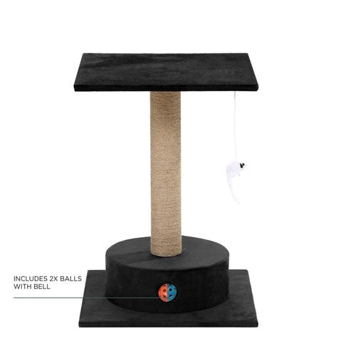 Cat tree with a black platform and scratching post on a white background at Pet Servo