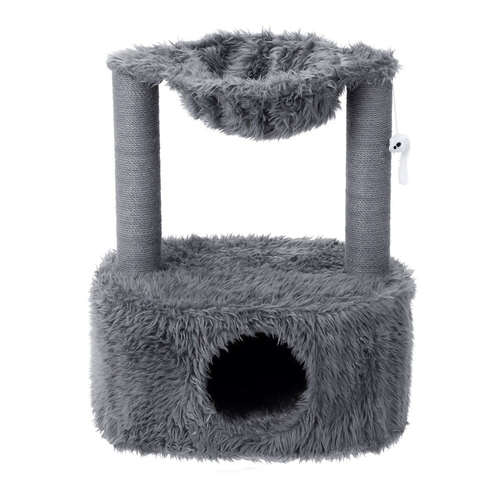 Gray cat tree with a fluffy top and base on a white background at Pet Servo