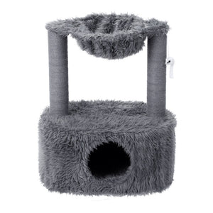 Gray cat tree with a fluffy top and base on a white background at Pet Servo