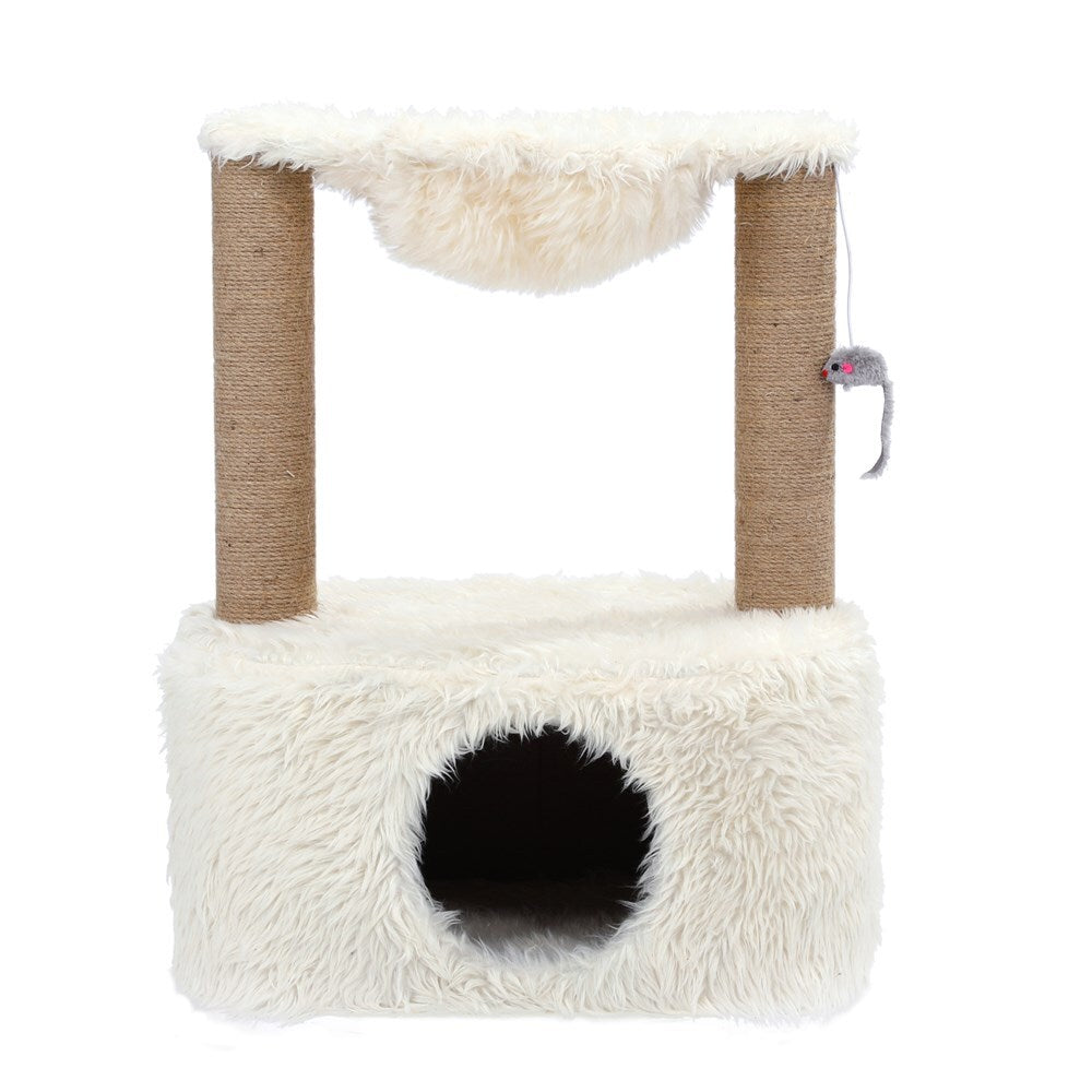 White cat tree with fluffy texture and scratching posts on a white background at Pet Servo