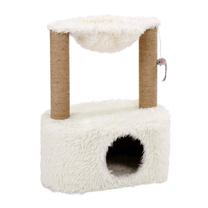 Cat tree with white fur and wooden posts on a white background at Pet Servo