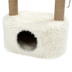 White fluffy cat tree with two brown cylindrical posts on a white background at Pet Servo