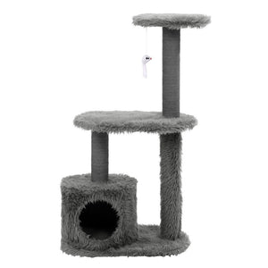 Gray cat tree with multiple levels and a cylindrical base on a white background at Pet Servo