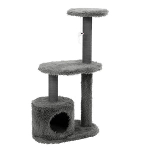 Gray cat tree with multiple levels and a cylindrical base on a white background at Pet Servo