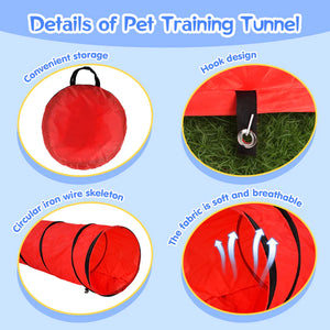 Red pet training tunnel with features highlighted on a blue background