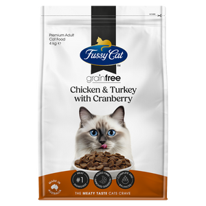 Fussy Cat grain-free cat food package with a cat on the label at Pet Servo