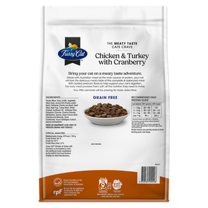 Fussy Cat chicken and turkey with cranberry cat food packaging on a white background at Pet Servo