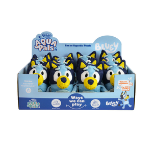 Display box of Aqua Pals Bluey plush toys with packaging details at Pet Servo