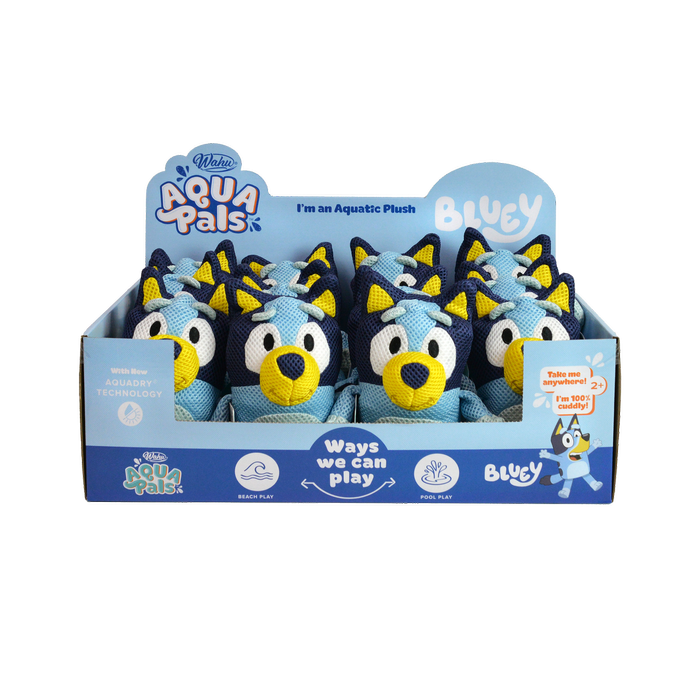 Display box of Aqua Pals Bluey plush toys with packaging details at Pet Servo