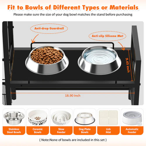 Pet feeding station with two bowls and features highlighted, including anti-drop guardrail and anti-slip silicone mat at Pet Servo