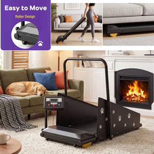 A pet treadmill shown in a living room setting with a dog on a couch, a fireplace in the background, and three smaller inset images at the top demonstrating the roller design and use with a person at Pet Servo
