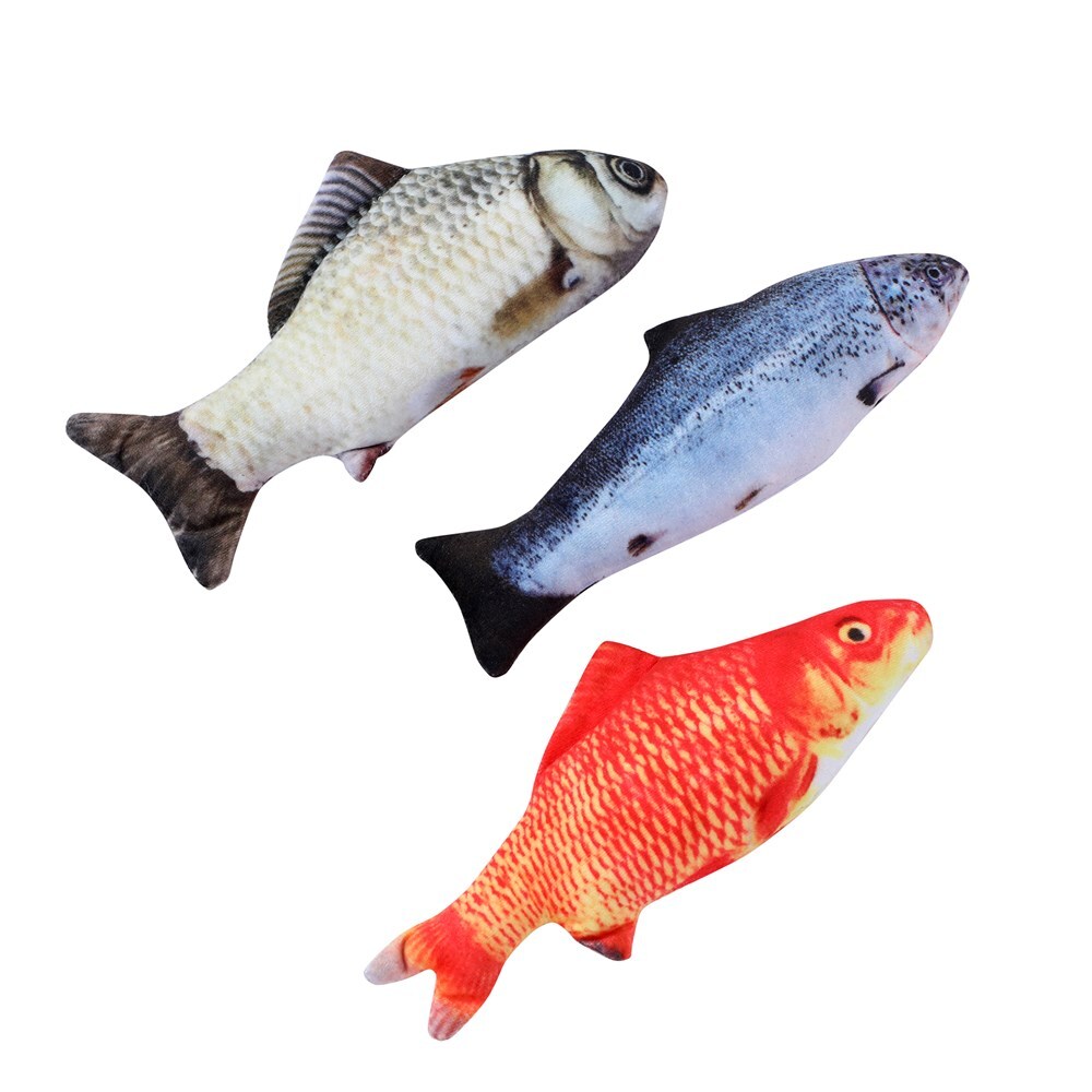 Three fish-shaped toys in different colors on a white background at Pet Servo