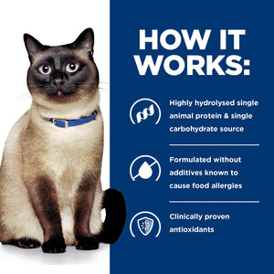 Cat wearing a blue collar with text about a pet food product on a white and blue background