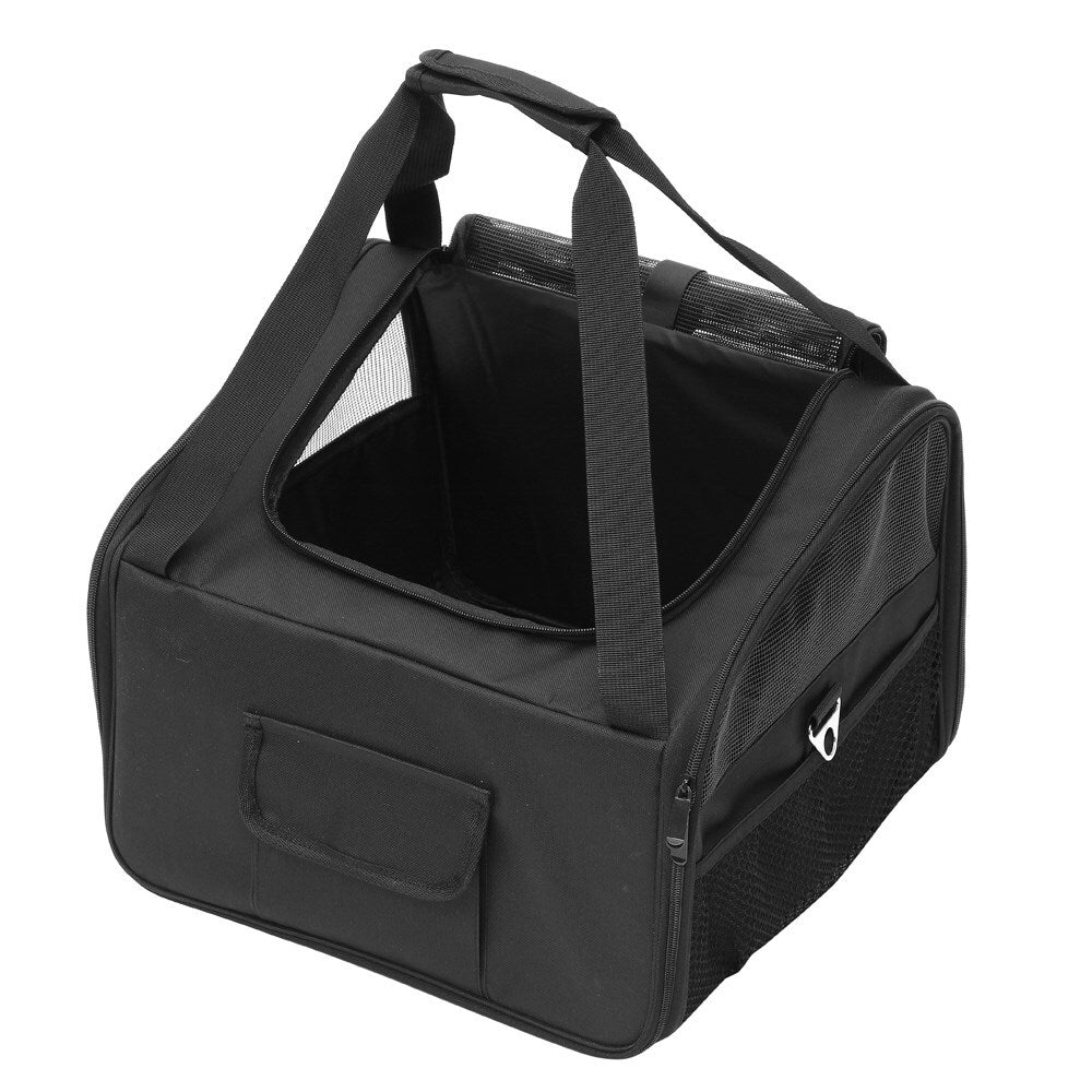 Black pet carrier with a handle on a white background at Pet Servo