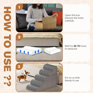Instructions on how to use a product, including unpacking, waiting for rebound, and setting up at Pet Servo