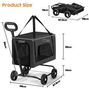 Black folding cart with dimensions labeled on a white background