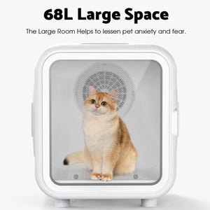 Pet carrier with a cat inside, labeled '68L Large Space' to help reduce pet anxiety and fear at Pet Servo