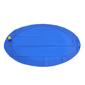 Blue inflatable play mat with a yellow handle on a white background at Pet Servo