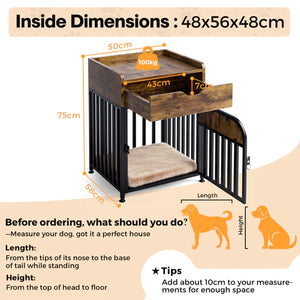 Dimensions of a pet crate with measurements and tips for ordering at Pet Servo