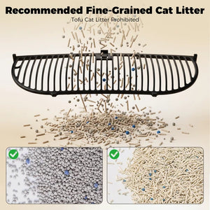 Cat litter with a black scoop and close-up images of different types of cat litter at Pet Servo