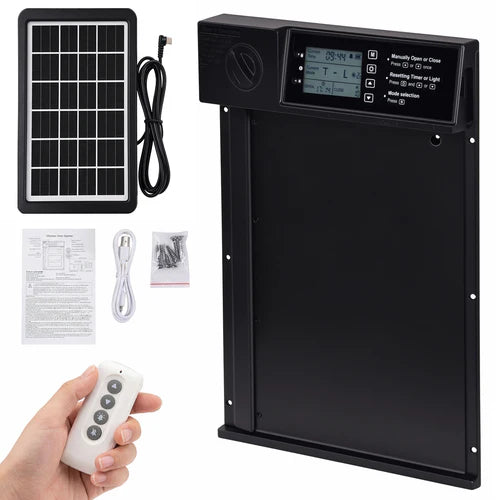 Solar panel, control box, remote control, and installation manual on a white background at Pet Servo