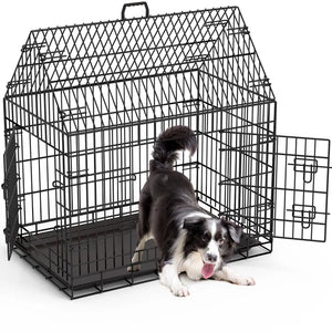 Dog standing inside a black metal dog crate on a white background at Pet Servo