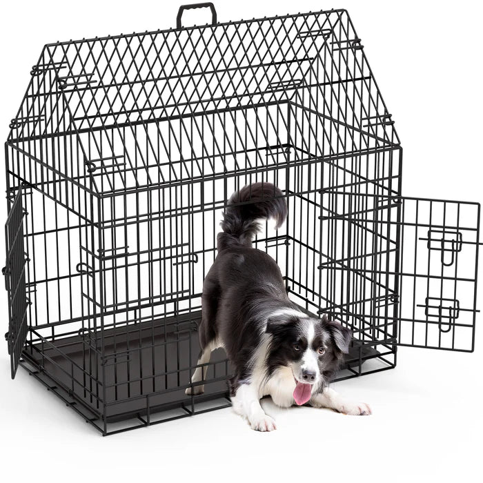 Dog standing inside a black metal dog crate on a white background at Pet Servo