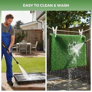 A split-panel lifestyle image demonstrating a green artificial turf or grass mat being washed outdoors. The left panel shows a man in blue overalls using a pressure washer to clean a black tray, while the right panel shows the green mat hanging on a clothesline with water spraying across it at Pet Servo