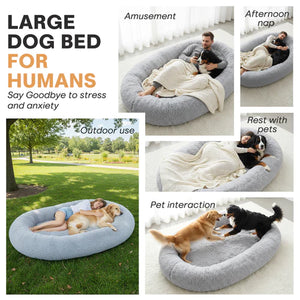 Collage of a large dog bed used by humans and dogs in various settings at Pet Servo