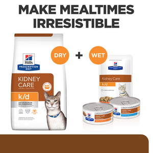 Hills Prescription Diet k/d Kidney Care dry and wet cat food packaging on a white background with text 'Make Mealtimes Irresistible'.