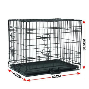 Black wire pet crate with dimensions indicated on a white background