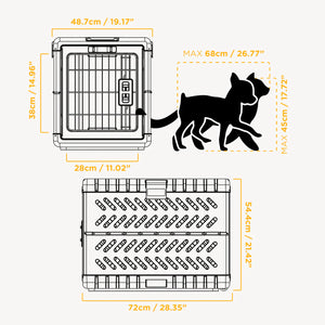 Pet carrier dimensions with a silhouette of a cat and text labels.