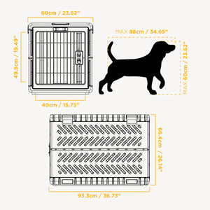 Dimensions of a pet crate with a silhouette of a dog for scale.
