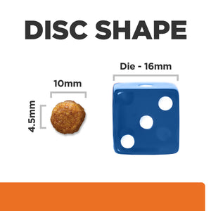 Disc shape measurement chart with a blue die and brown disc, showing dimensions.
